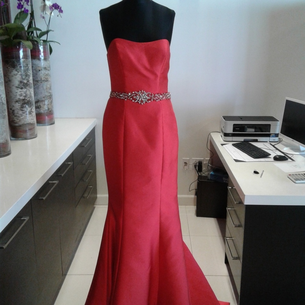 Terani Couture Strapless Red Satin Mermaid Gown with Jeweled Waist